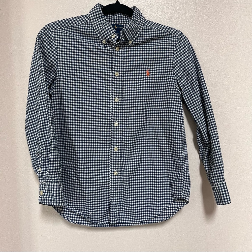 Ralph Lauren Button Down Boys M 10-12 Long Sleeve Blue White Gingham Orange Pony